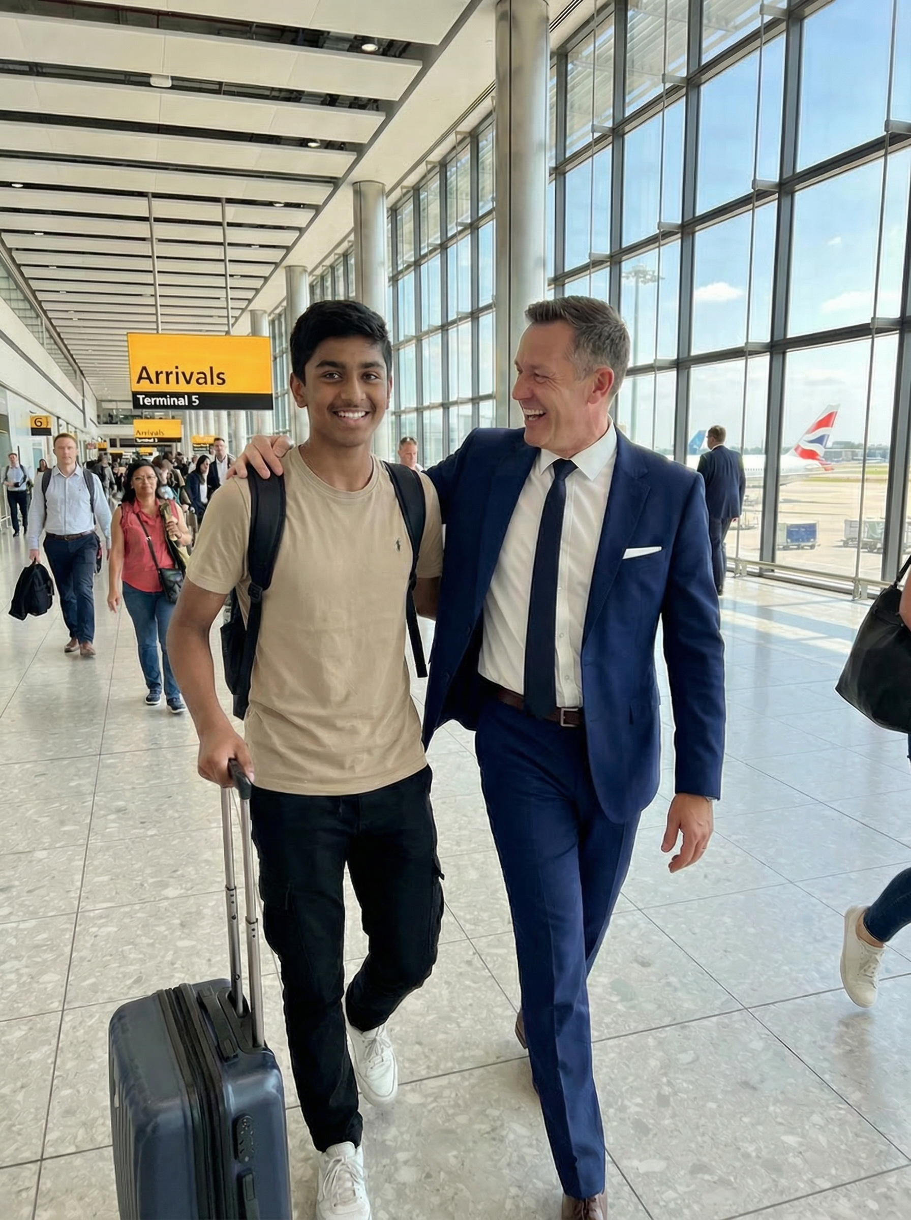 Student being welcomed at airport arrivals